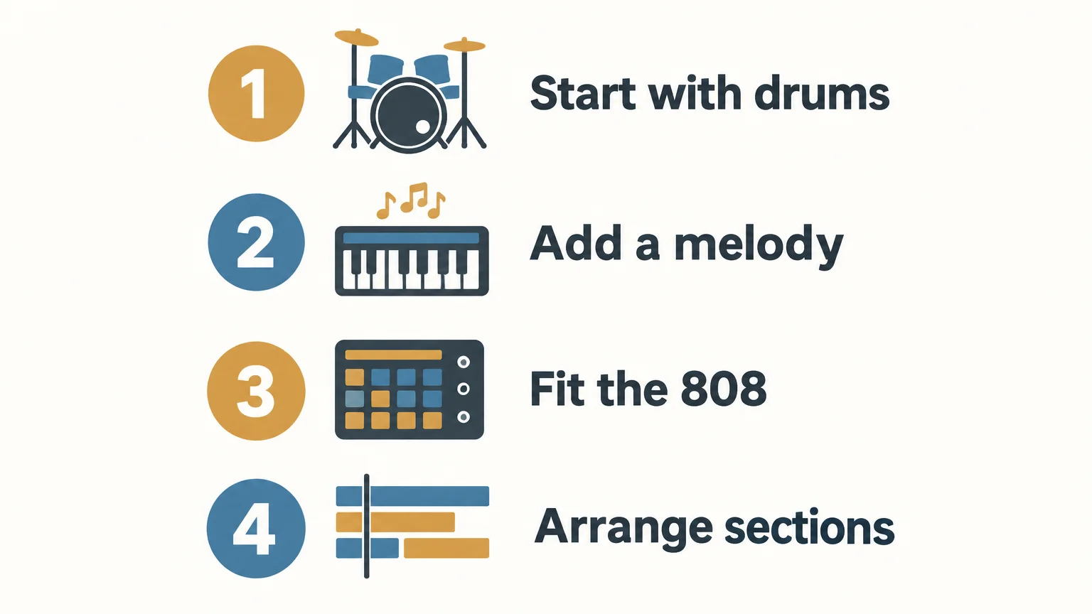 Four-step beatmaking checklist covering drums, melody, 808, and arrangement.