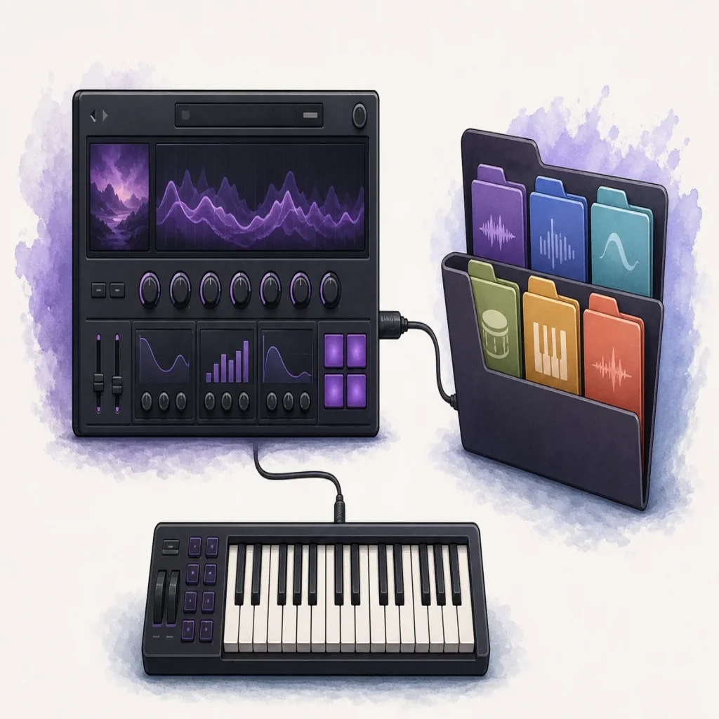 A virtual instrument paired with a separate sound library and MIDI keyboard.