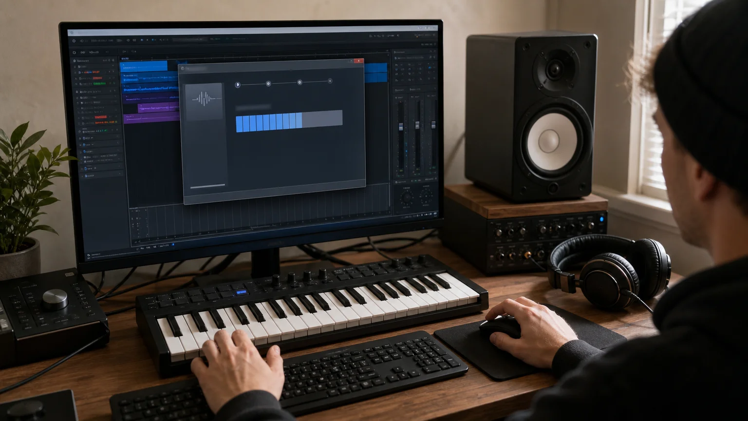 A producer installs an audio plugin at a home studio workstation.