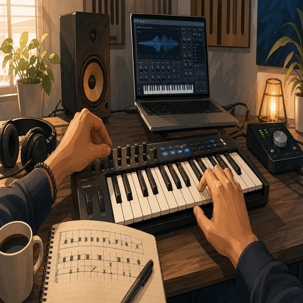 A producer auditioning a synth sound on a MIDI keyboard beside a beat notebook.