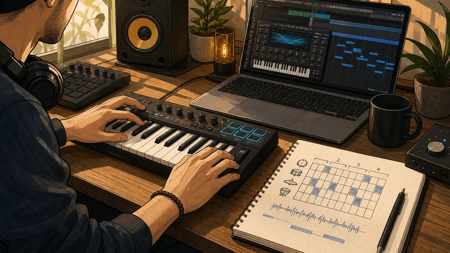 Hands auditioning a playable synth sound on a MIDI keyboard during beatmaking.