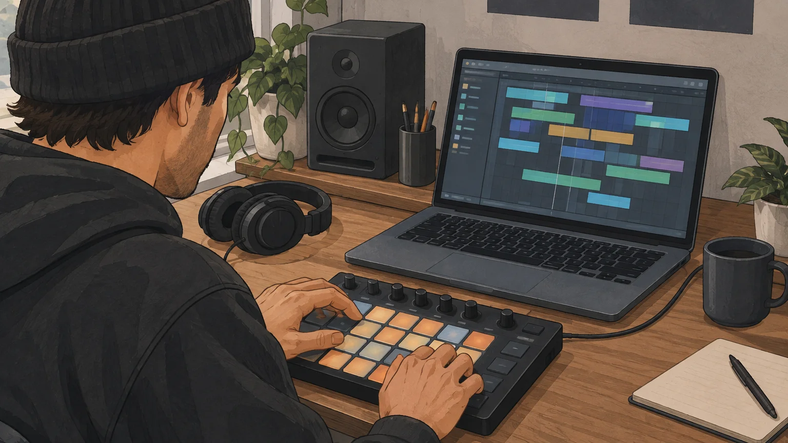 A beatmaker programming a drum pattern on a MIDI pad controller beside a DAW screen.