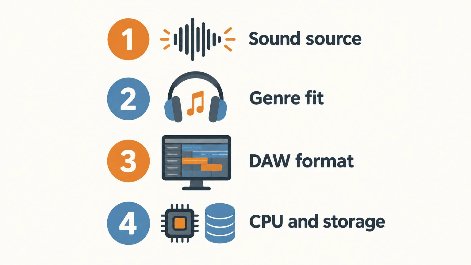A four-item checklist for checking sound source, genre fit, DAW format, and CPU and storage.