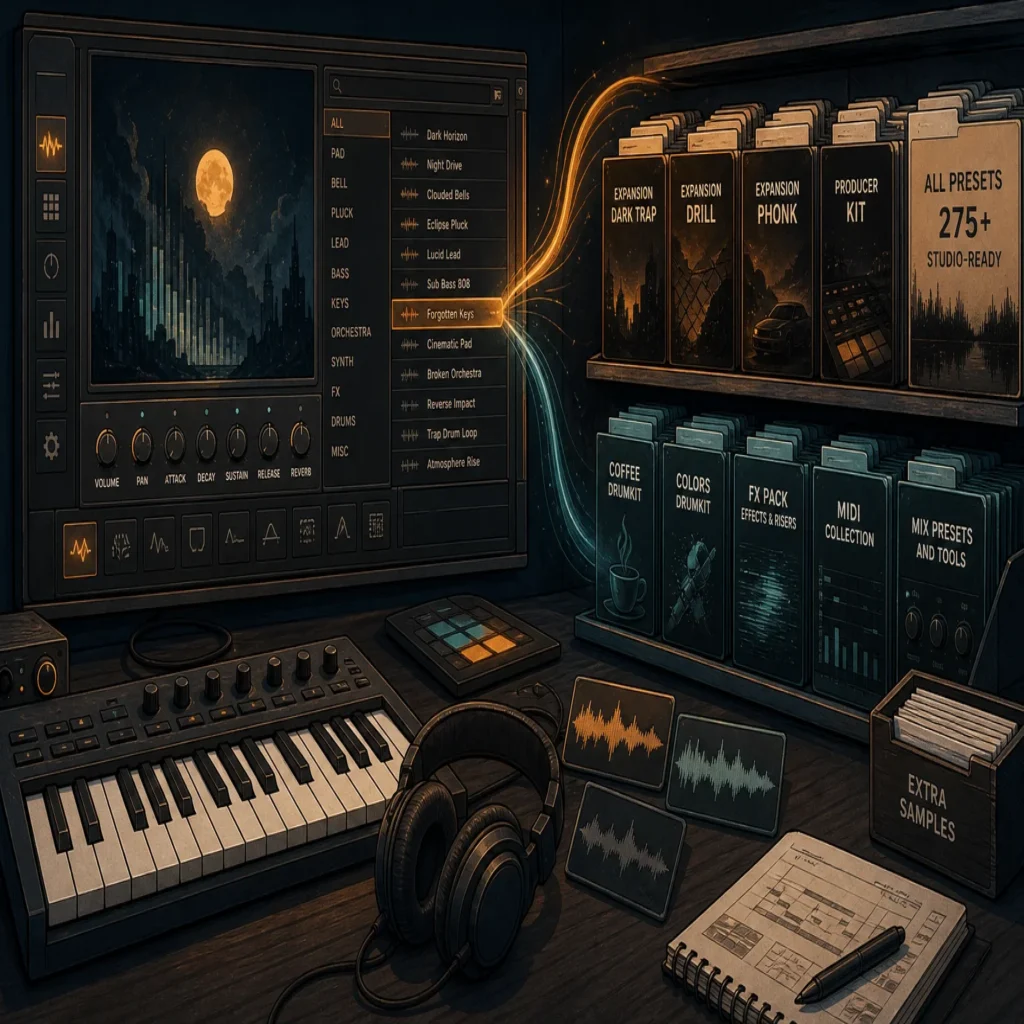 Editorial illustration comparing a focused sound bank with a broad sample library