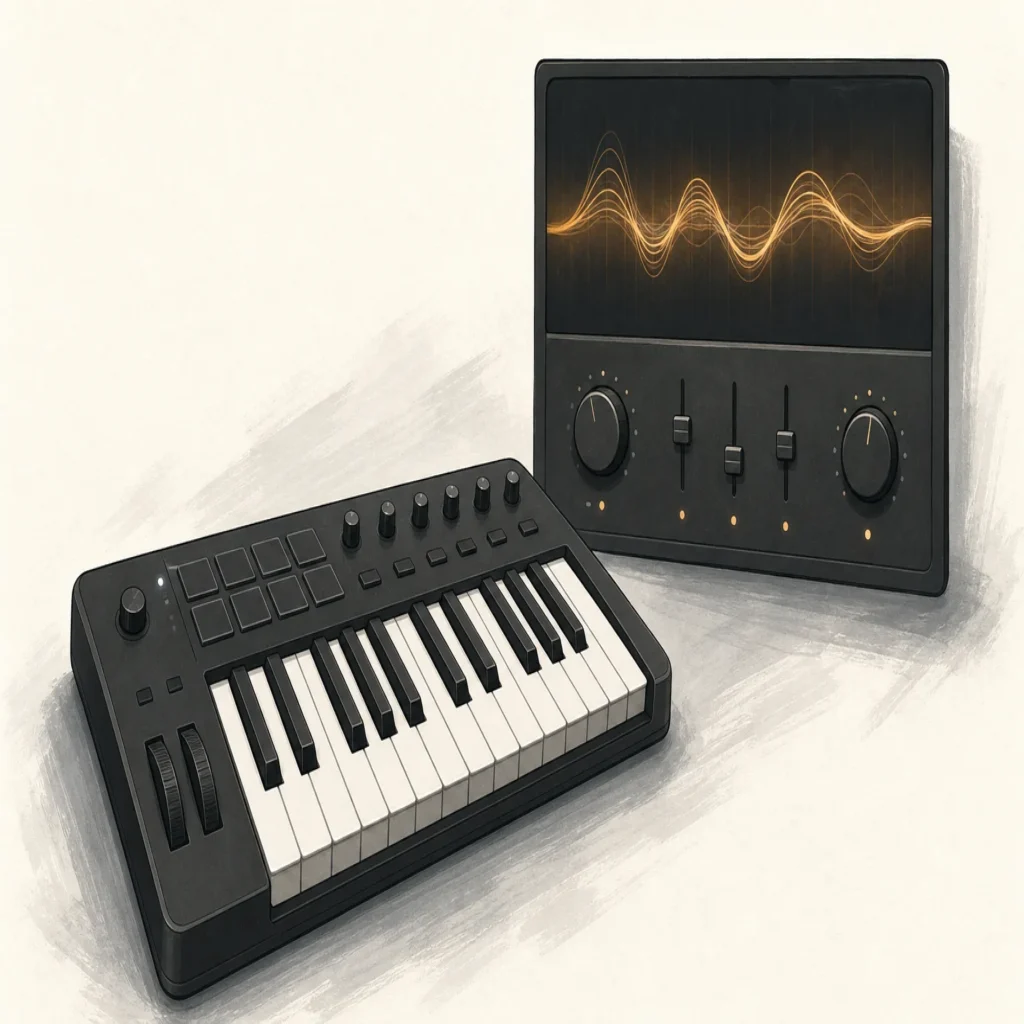 Editorial illustration of a compact MIDI keyboard and a simple virtual instrument panel with a waveform.