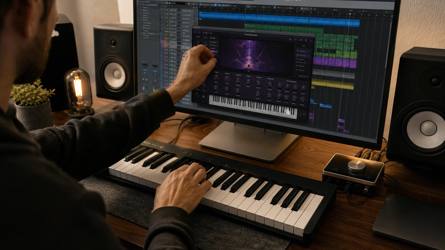 A producer auditions a virtual instrument at a computer with a compact MIDI keyboard.