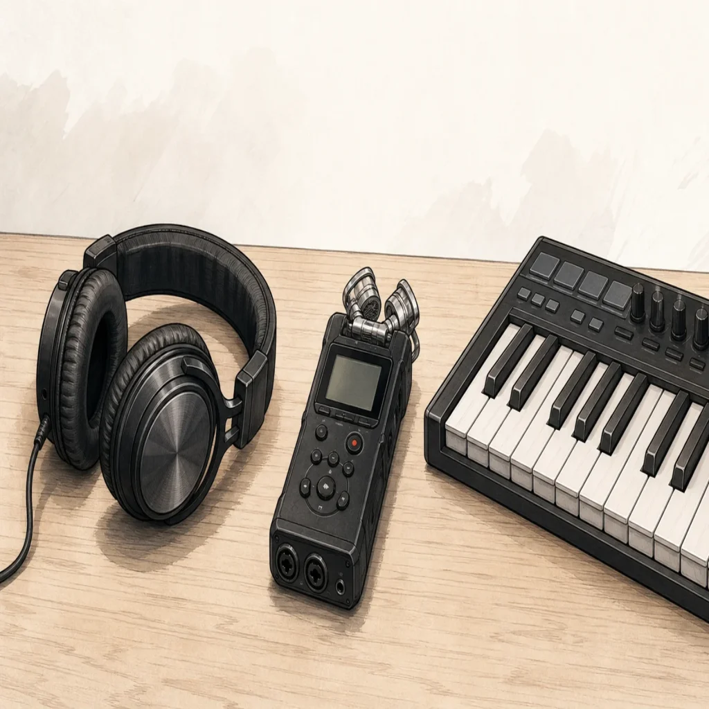 Studio headphones, a field recorder and a compact MIDI keyboard arranged on a tabletop