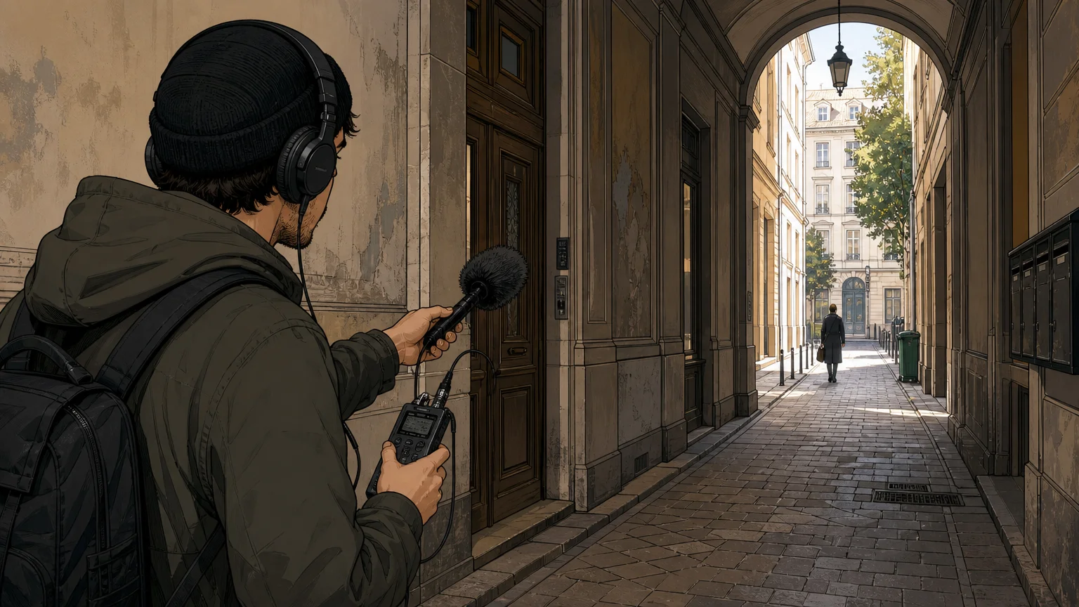 A sound recordist using a portable field recorder in a quiet urban passage