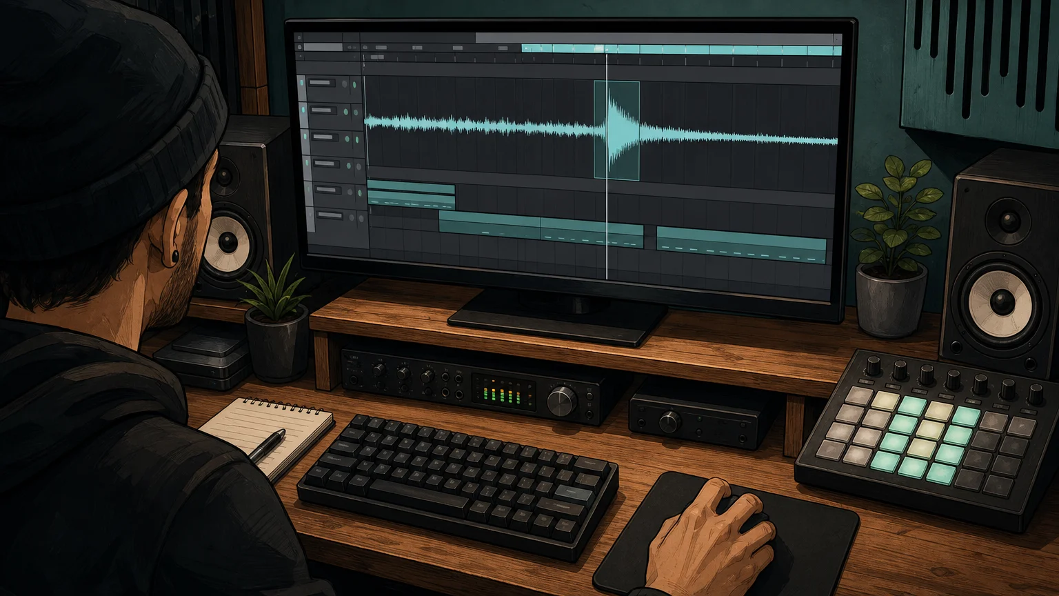 Illustration of a producer previewing an audio waveform at a studio workstation.
