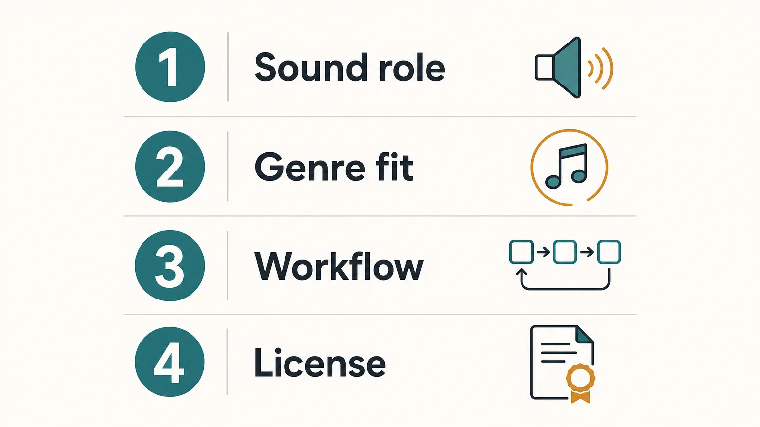 Four-point FX pack checklist for sound role, genre fit, workflow, and license.