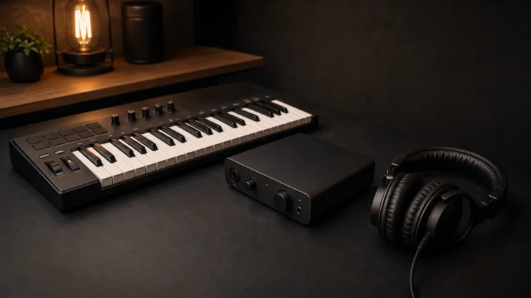 A MIDI keyboard, audio interface, and headphones arranged on a studio work surface