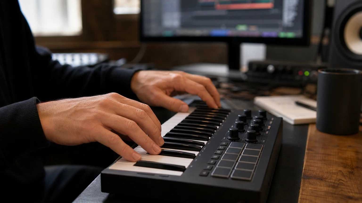 A producer auditioning notes on a MIDI keyboard during a beatmaking session
