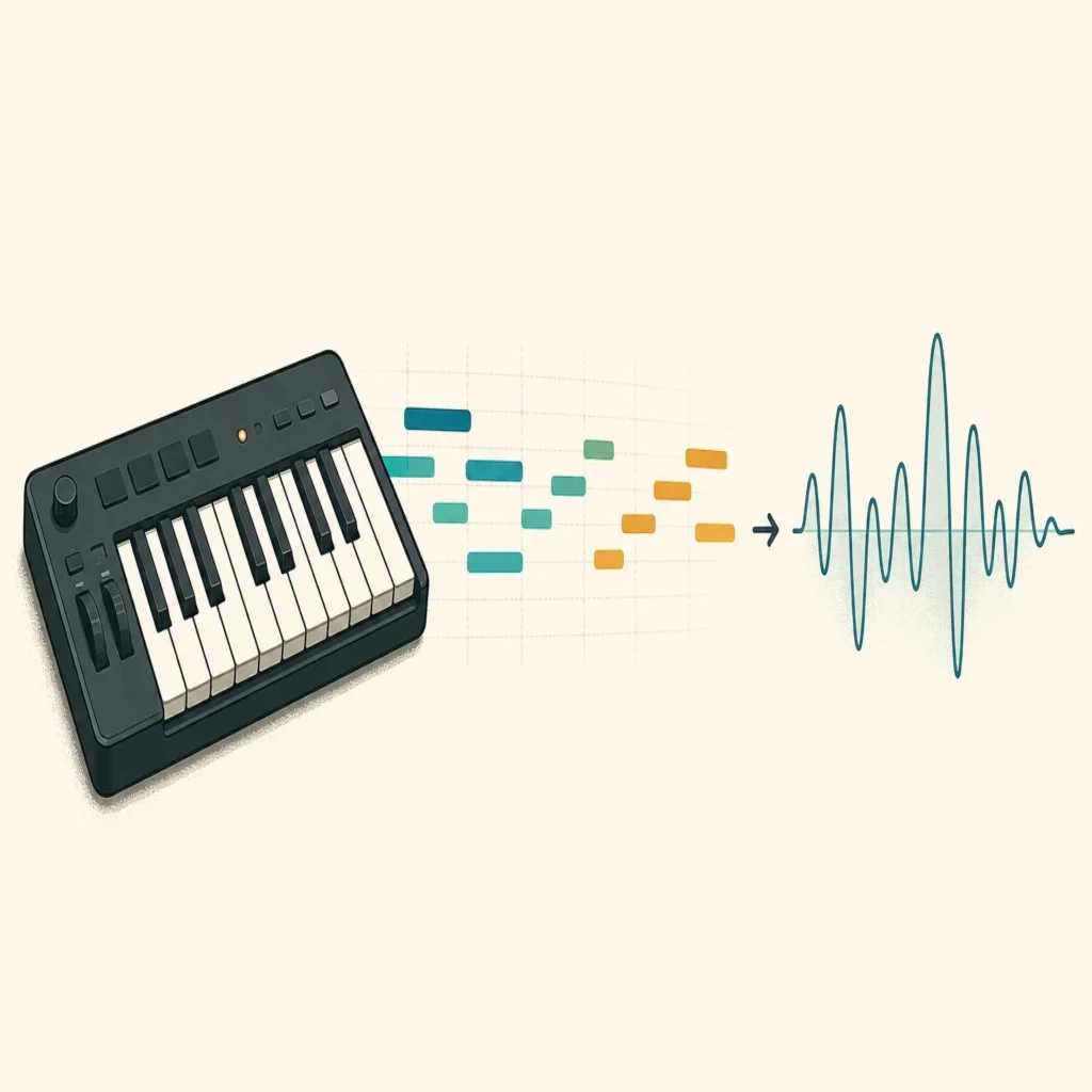 Editorial illustration of musical note blocks flowing from a MIDI keyboard.