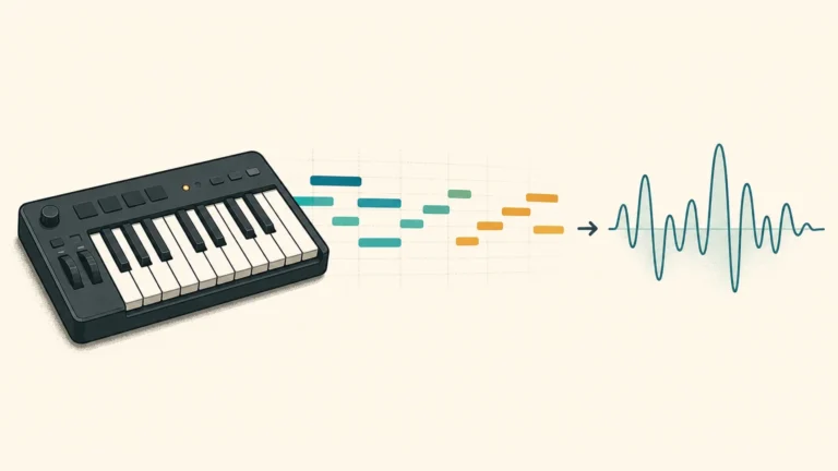 Editorial illustration of musical note blocks flowing from a MIDI keyboard.