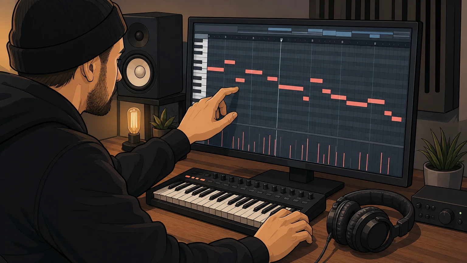 Producer editing MIDI notes at a studio desk with a keyboard and headphones.