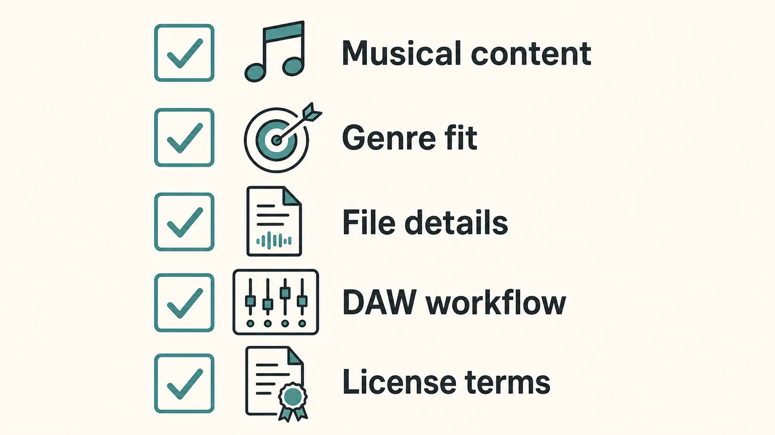 Five item checklist for reviewing MIDI pack content, genre, files, workflow, and licensing.