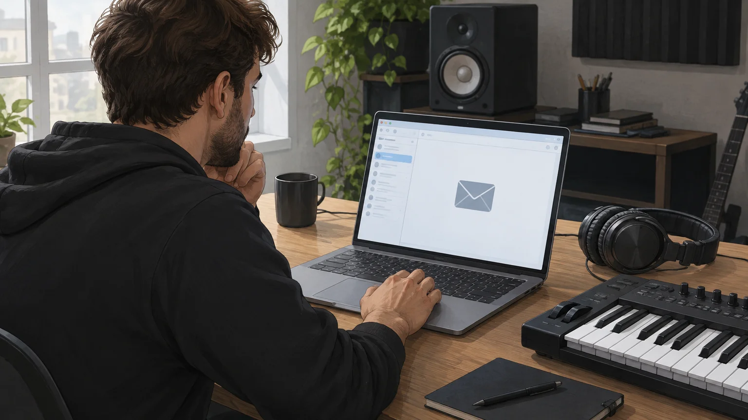 Producer checking a generic email inbox at a music production desk.
