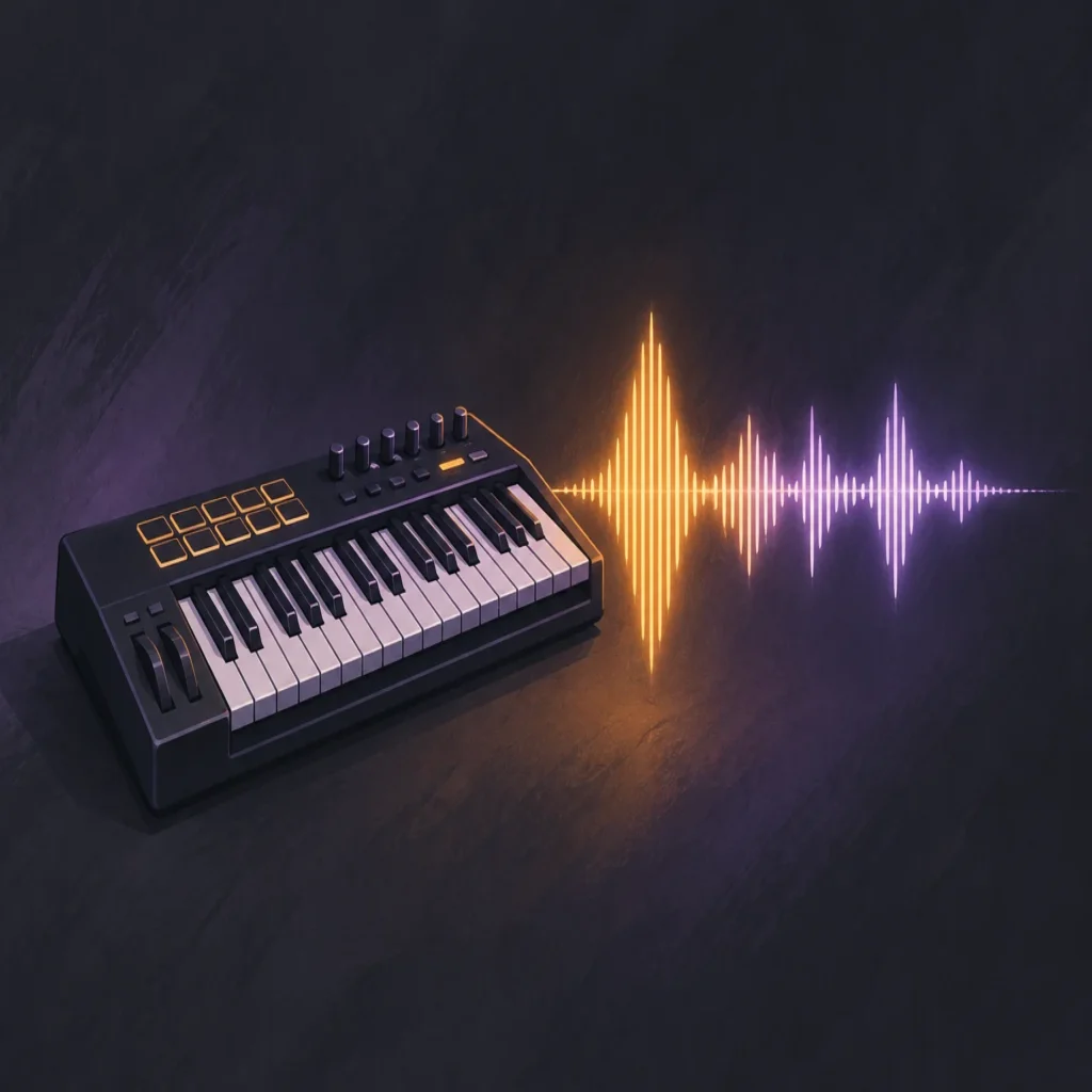 Editorial illustration of a synth keyboard, waveform, and deep bass visual for trap beatmaking
