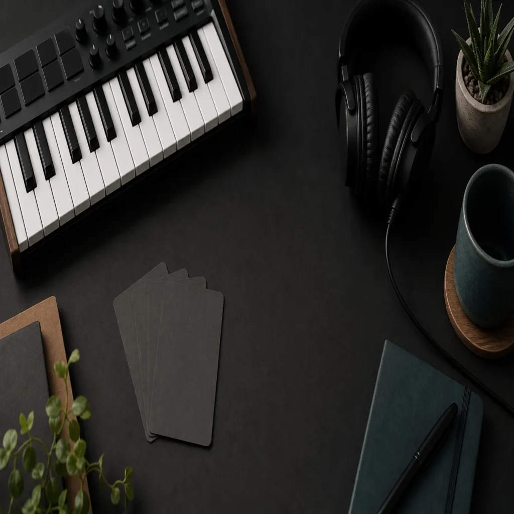 A MIDI keyboard and headphones arranged as a sound-bank pricing cover image.
