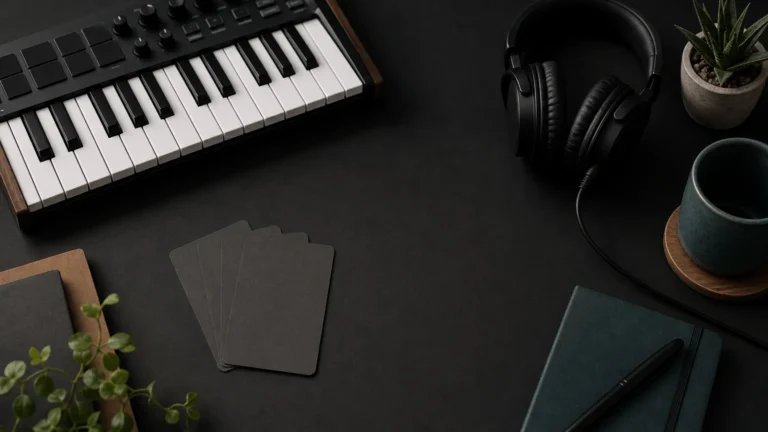 A MIDI keyboard and headphones arranged as a sound-bank pricing cover image.