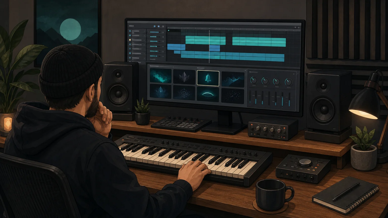 A producer auditioning presets at a MIDI keyboard in a home studio.