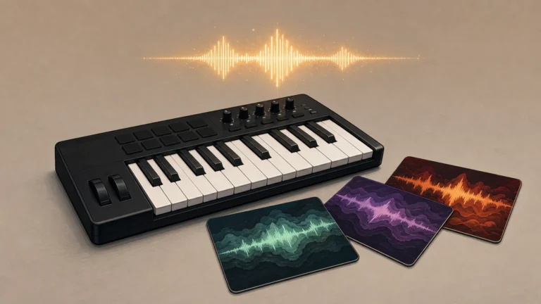 Editorial illustration of a MIDI keyboard beside a small curated set of sound-wave cards