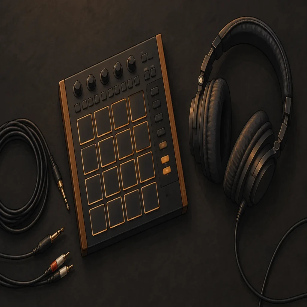 Drum pad controller and headphones arranged for drill beatmaking
