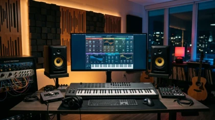 Home studio setup with free VST plugins on screen