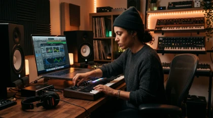 Music producer using analog synth plugins in a home studio