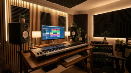 Modern home music production studio with monitor displaying waveform visualizations and MIDI keyboard
