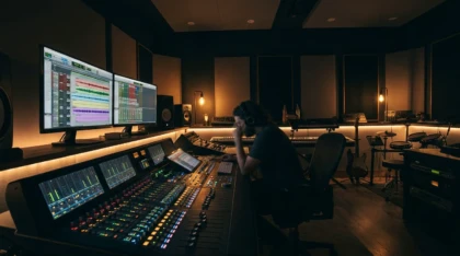 Modern music production studio with monitors displaying audio waveforms and mixing equipment