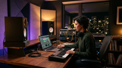 Producer creating a beat in a modern home studio with virtual instruments