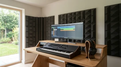 Modern home music studio with DAW session on screen and synthesizer keyboard