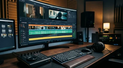 Professional video editing workstation displaying audio waveforms and a video timeline