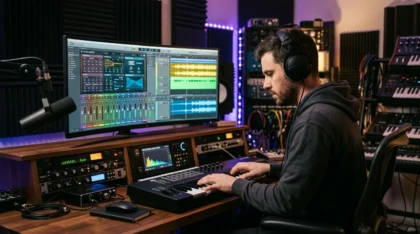 Music producer working on beats with a synthesizer preset interface in a studio