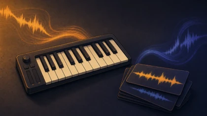 A MIDI keyboard beside abstract waveform cards representing sample library workflows