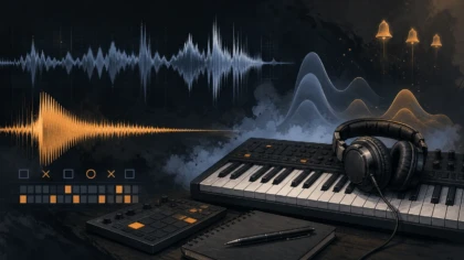 Professional editorial illustration of a drill beatmaking workspace with a MIDI keyboard, dark melodic waveforms, deep bass movement, and atmospheric sound design elements