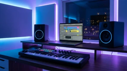 Modern music production workspace at night with studio monitors, laptop DAW, and MIDI keyboard