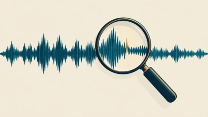 A magnifying glass examining an audio waveform with a small visible defect.