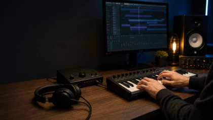 Producer working on a dark melodic beat with a MIDI keyboard in a professional home studio.