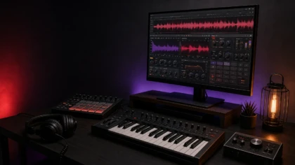 Professional studio workstation prepared for phonk beatmaking with synthesizer controls, drum pads, and a dark melodic production atmosphere