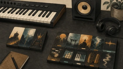 Editorial still life showing a compact and full sound bank concept for beatmaking