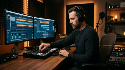 Music producer working at a home studio with headphones and a MIDI controller