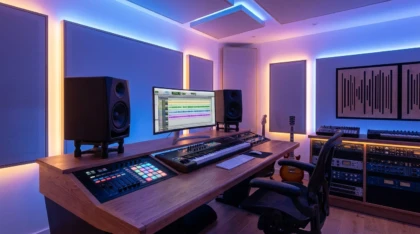Modern home music studio setup with monitors and DAW waveforms on screen