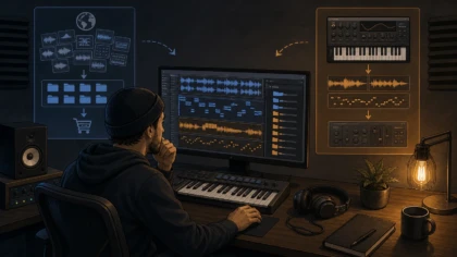 Professional editorial illustration of a music producer comparing sound libraries and VST instruments in a modern DAW workflow