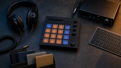 Professional flat lay of a trap producer's drumkit workflow with sampler pads, headphones, drum samples, and studio controls