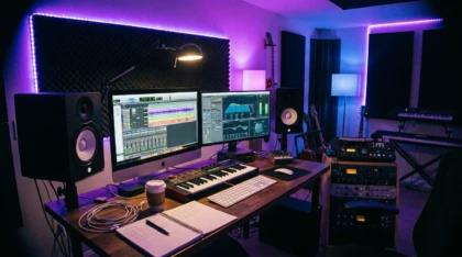 Home recording studio setup with computer screens displaying audio production software and studio monitors