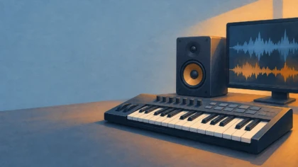 Synthesizer keyboard and studio monitor with abstract audio waves