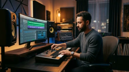 Music producer working in a modern home studio with a MIDI controller
