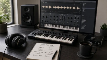 Music production desk with a notebook calculating the value of a sound pack.